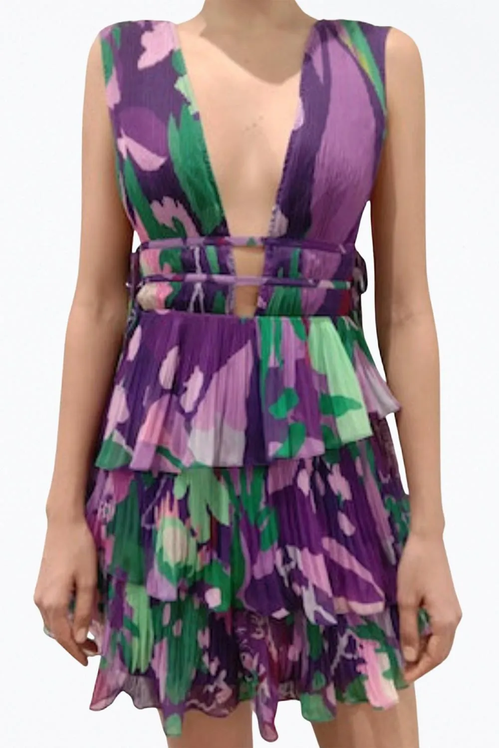 AERIN PLEATED CUTOUT CHIFFON MINI DRESS