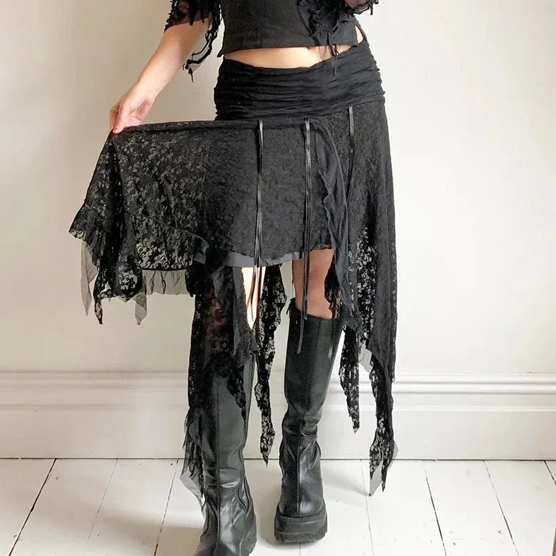 Amozae Lace Irregular Long Skirt Gothic Style Fashion Women Y2K Ribbon Hem Flowy Skirts Vintage Aesthetic Lady Party Outfits