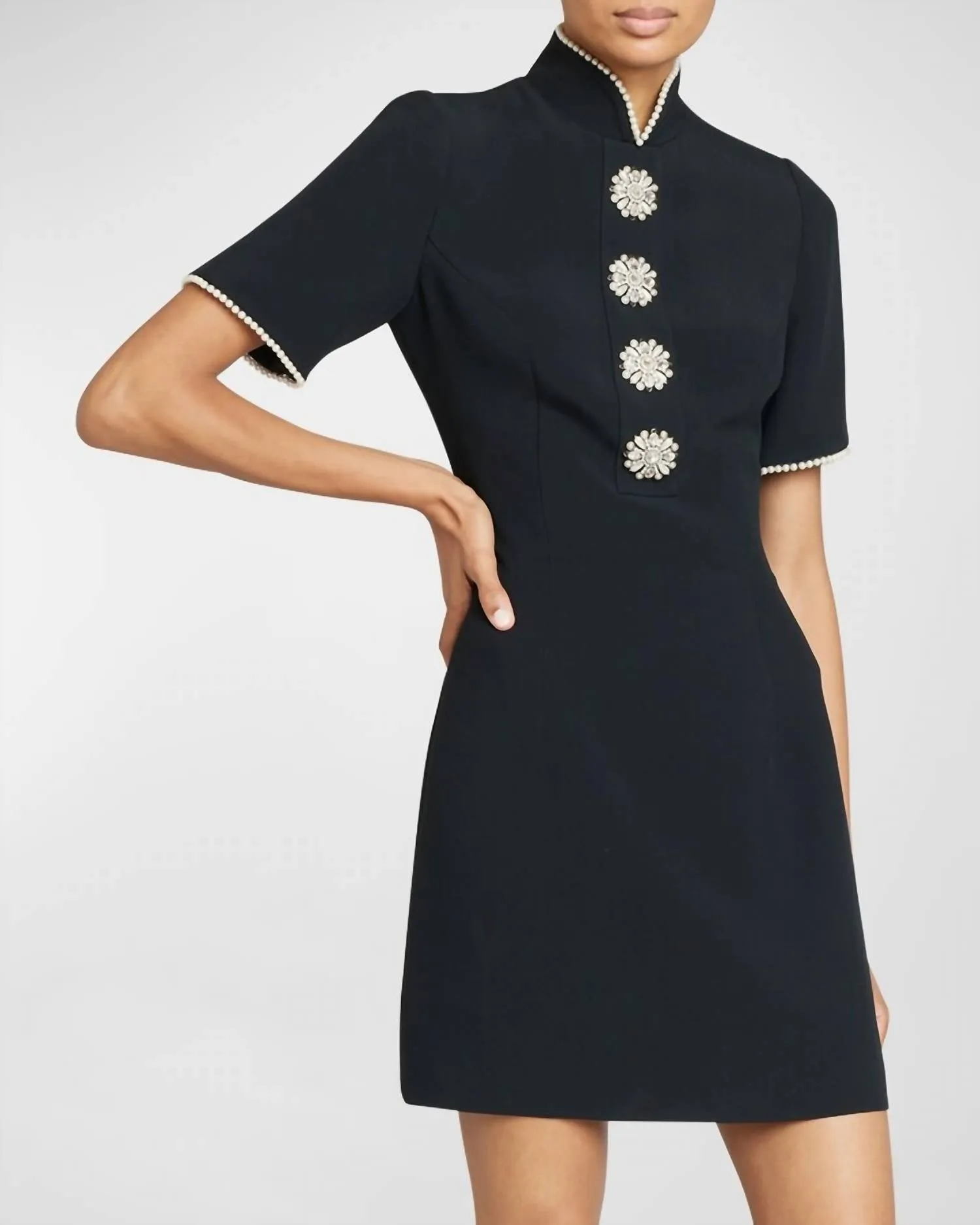 Andrew Gn - Woven Short Sleeve Dress With Pearl Trim