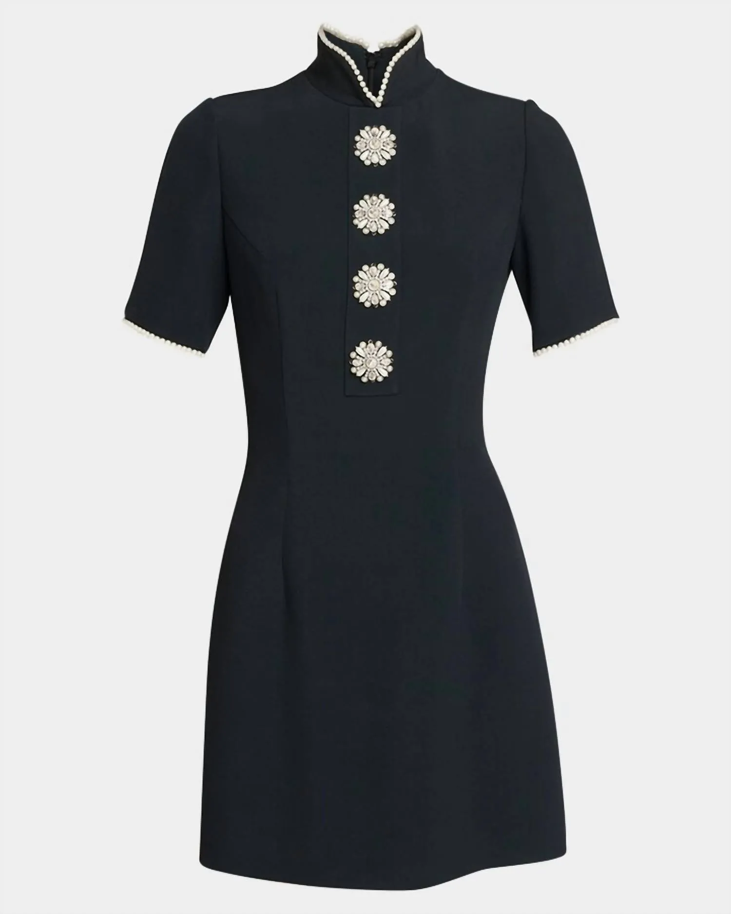 Andrew Gn - Woven Short Sleeve Dress With Pearl Trim