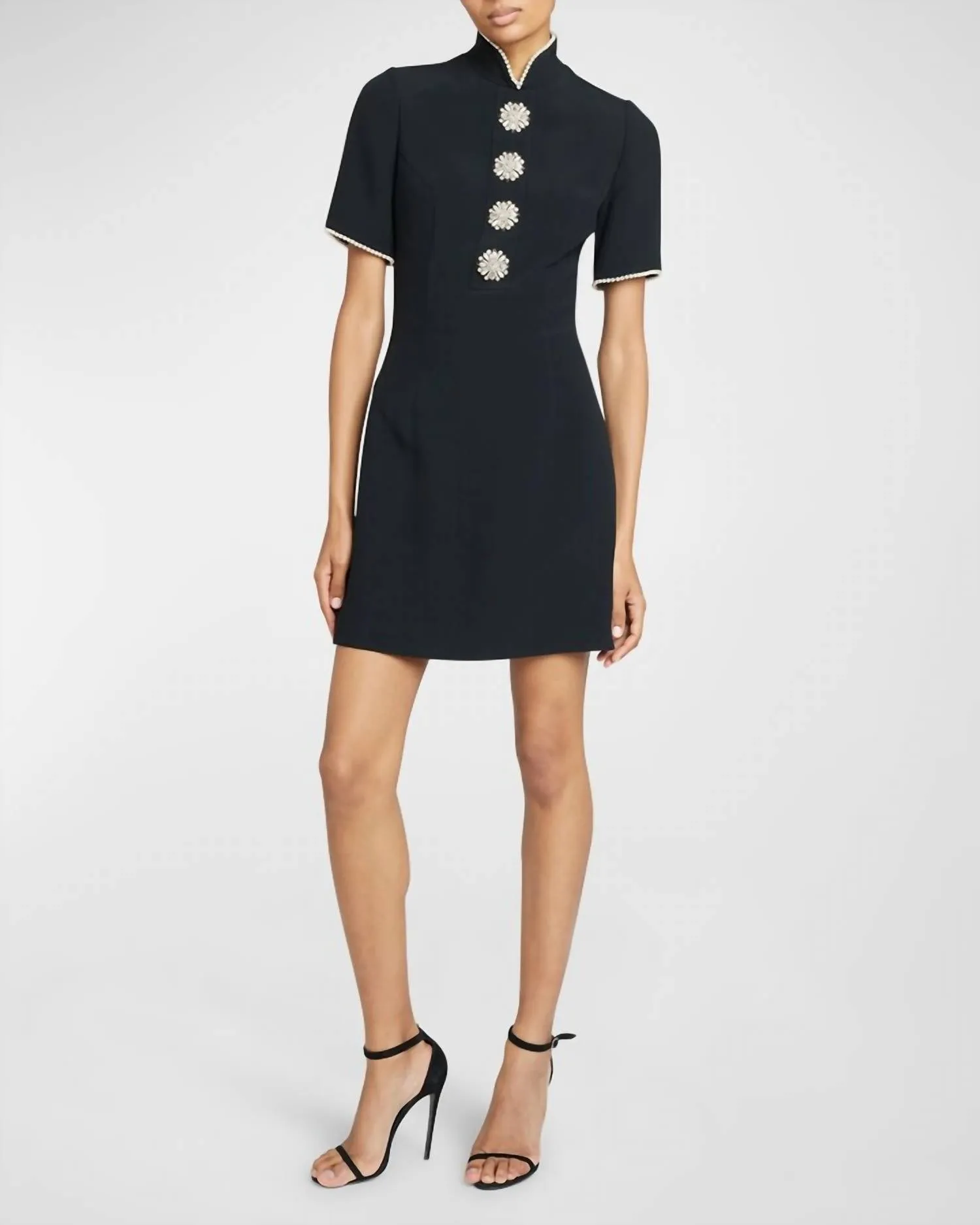 Andrew Gn - Woven Short Sleeve Dress With Pearl Trim
