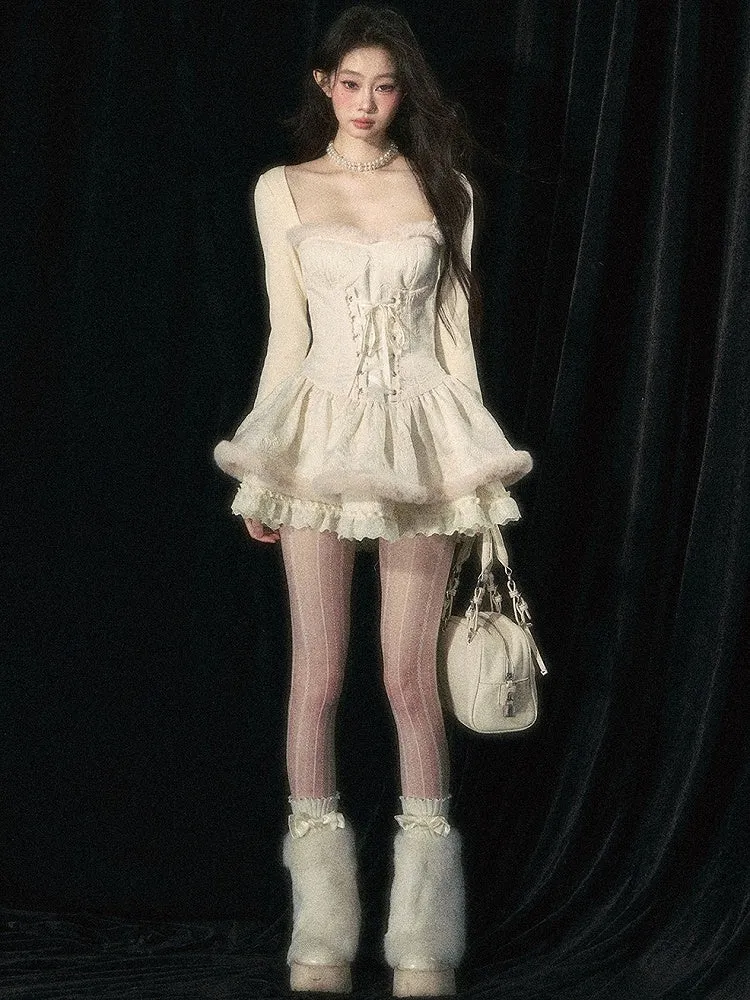 Apricot Lace-up Tiered Skirt Long Sleeves Dress