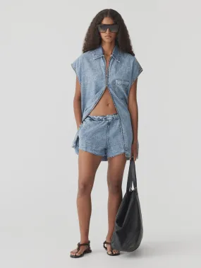 Bassike Denim Pull On Mini Short in Classic Stone Wash
