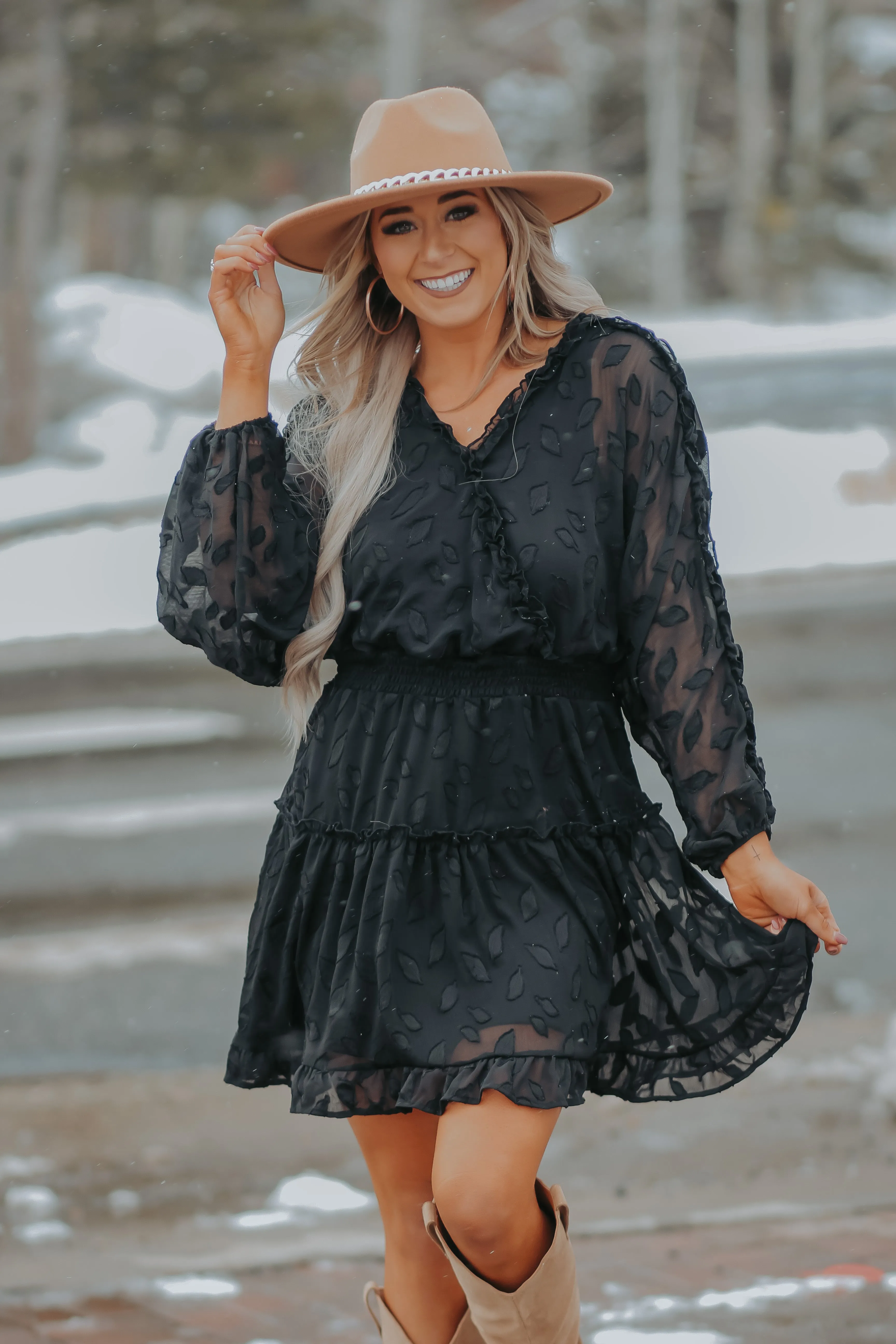Black Chiffon Tiered Long Sleeve Mini Dress