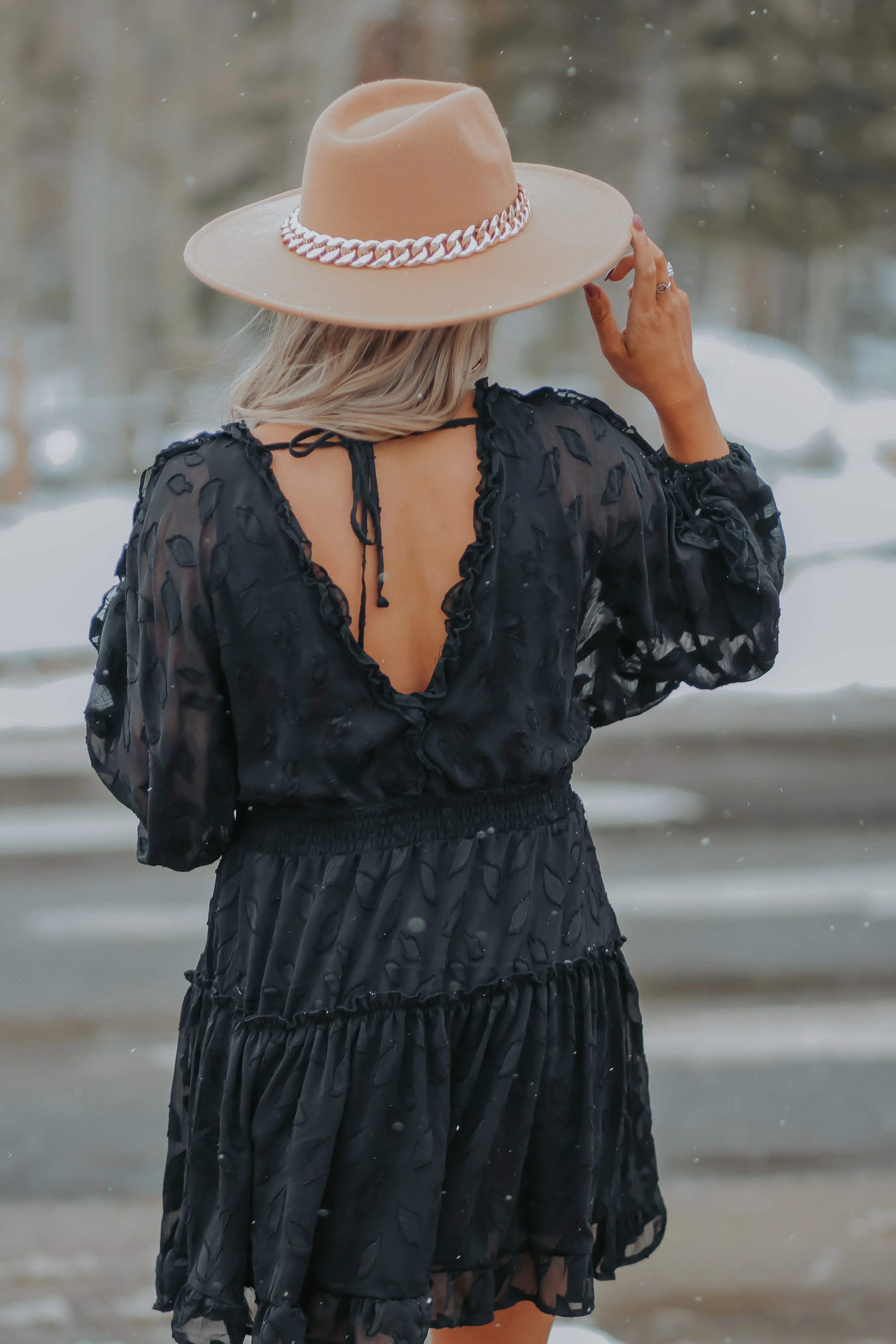 Black Chiffon Tiered Long Sleeve Mini Dress