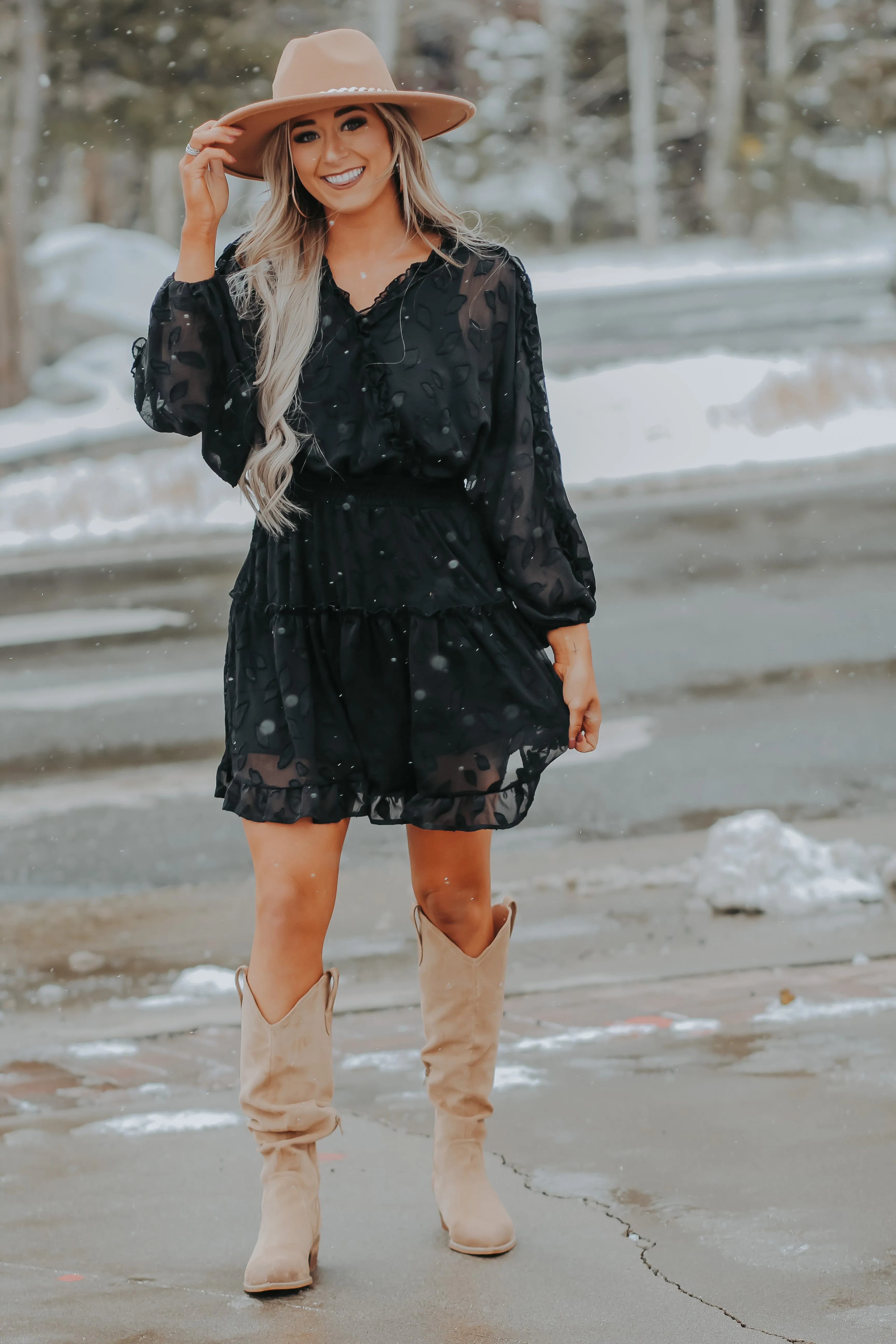 Black Chiffon Tiered Long Sleeve Mini Dress