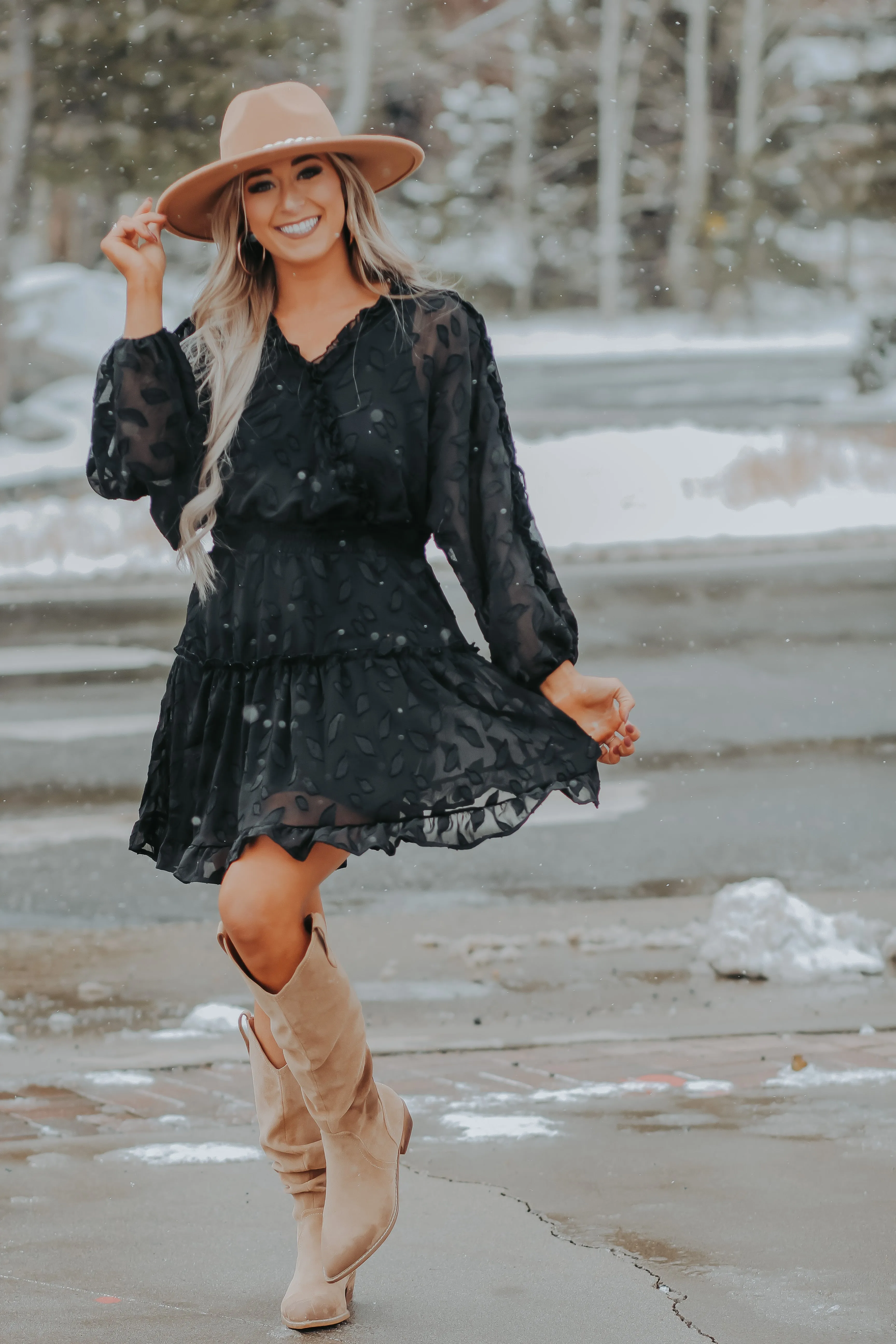 Black Chiffon Tiered Long Sleeve Mini Dress