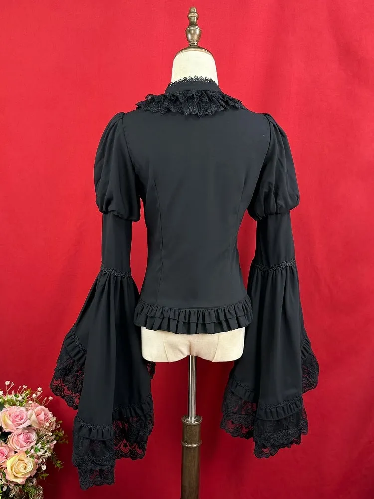 Black Elegant Long Bell Sleeves Blouse