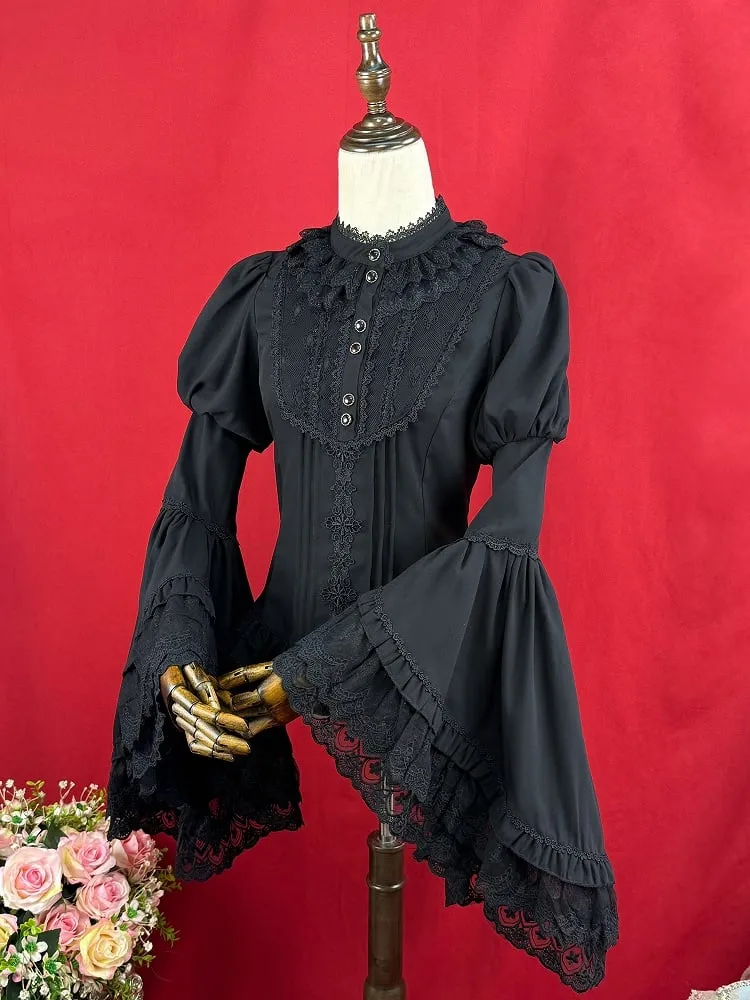 Black Elegant Long Bell Sleeves Blouse