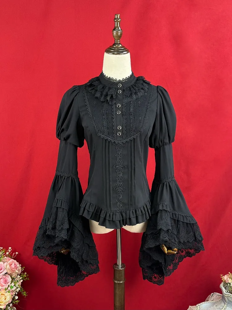 Black Elegant Long Bell Sleeves Blouse