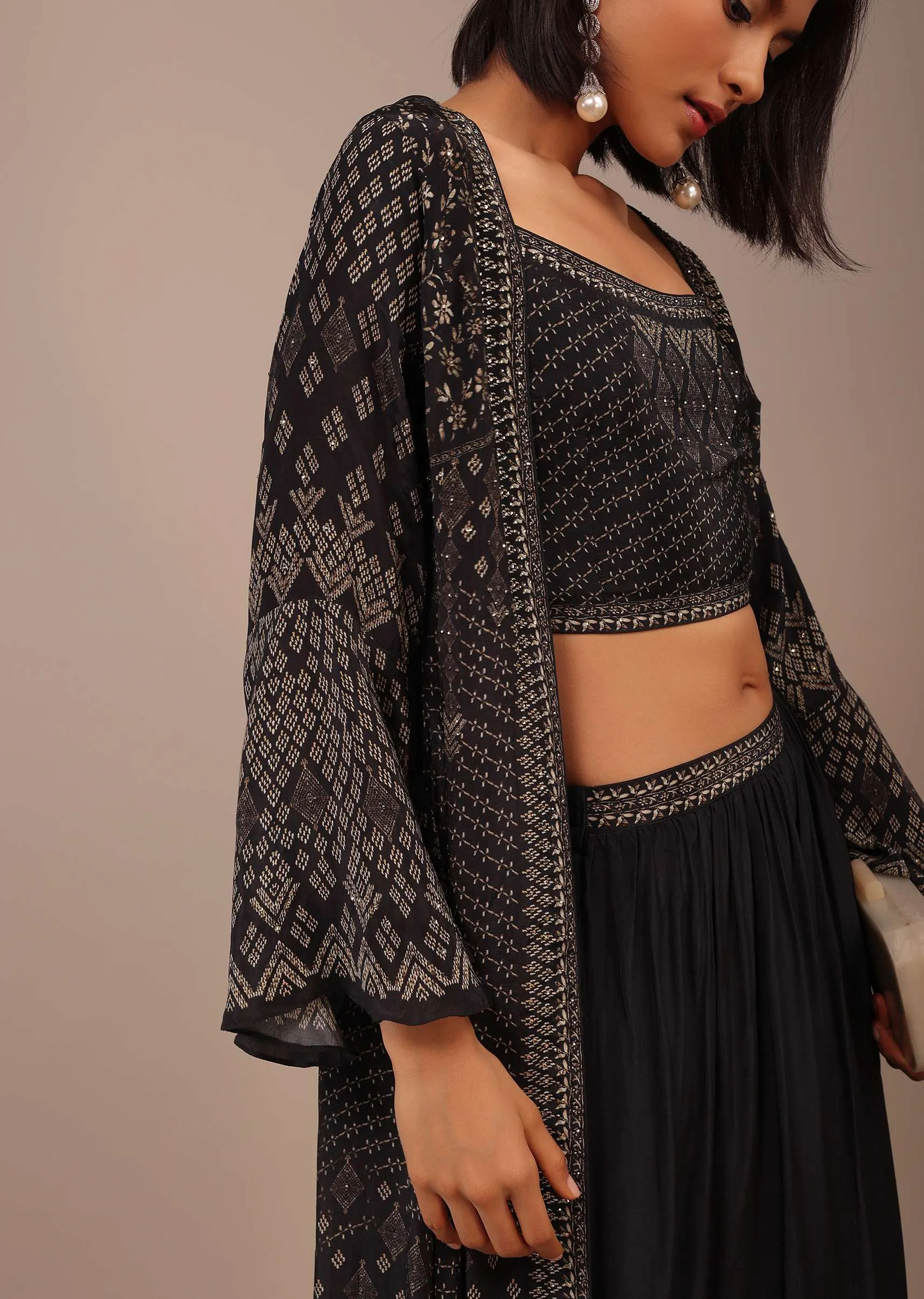Black Printed Palazzo Suit With Stone Work In Crepe