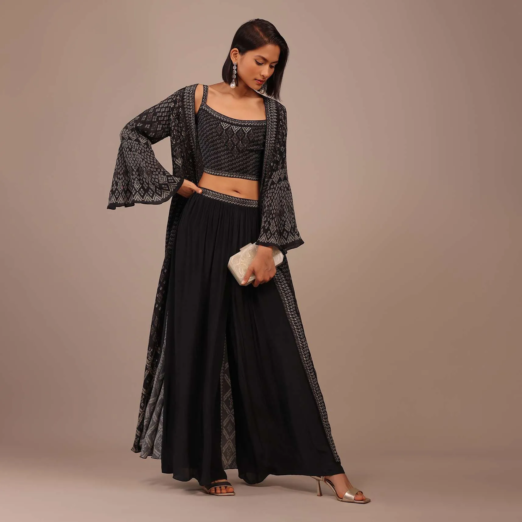 Black Printed Palazzo Suit With Stone Work In Crepe