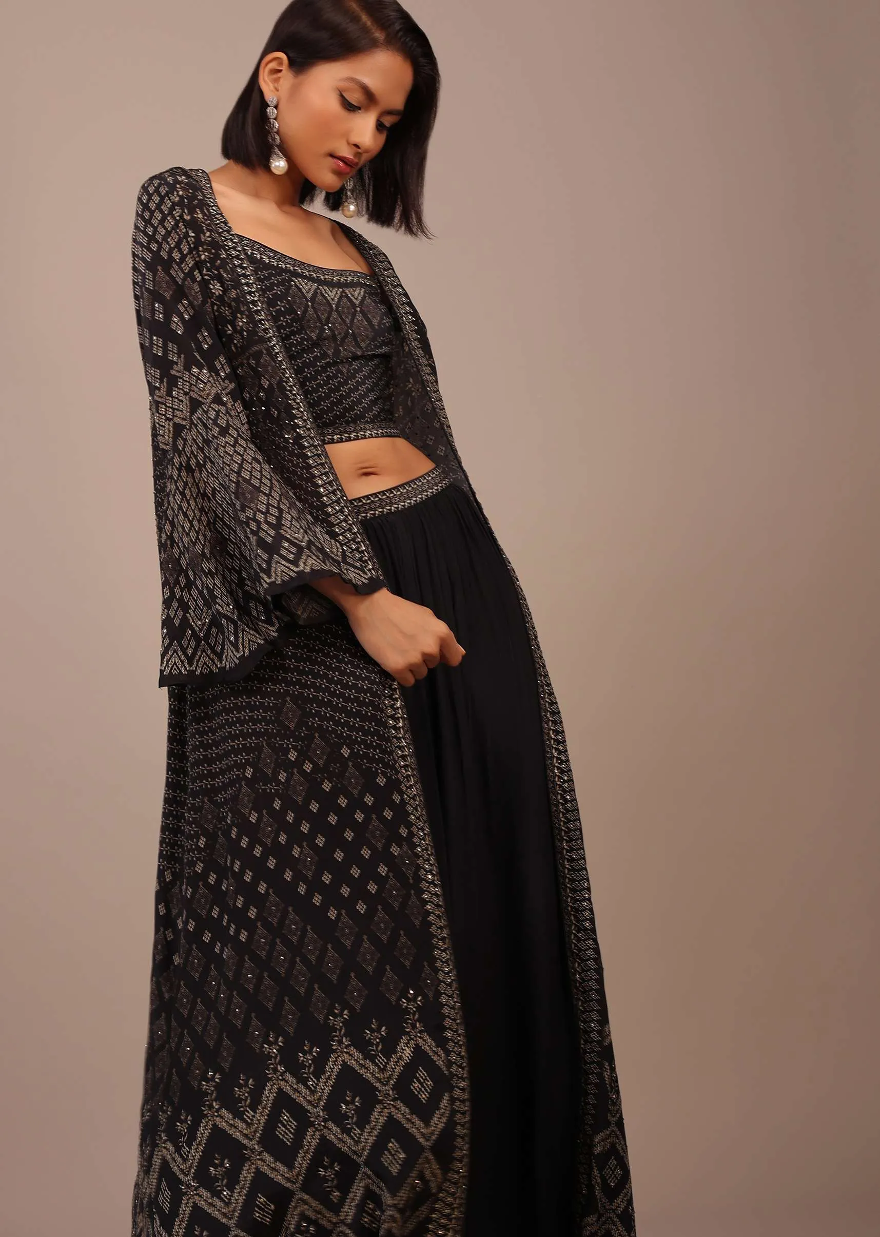 Black Printed Palazzo Suit With Stone Work In Crepe