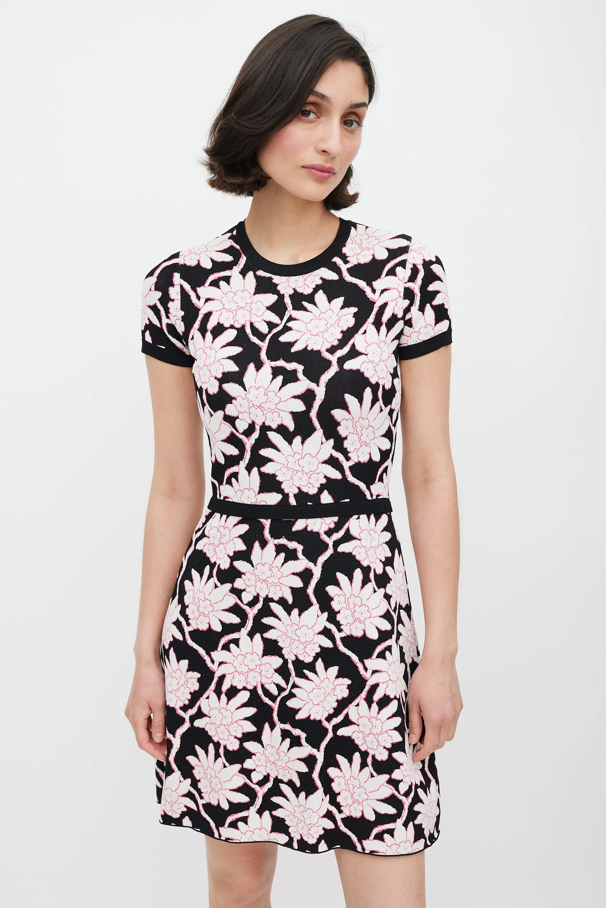 Black White & Pink Floral Knit Dress