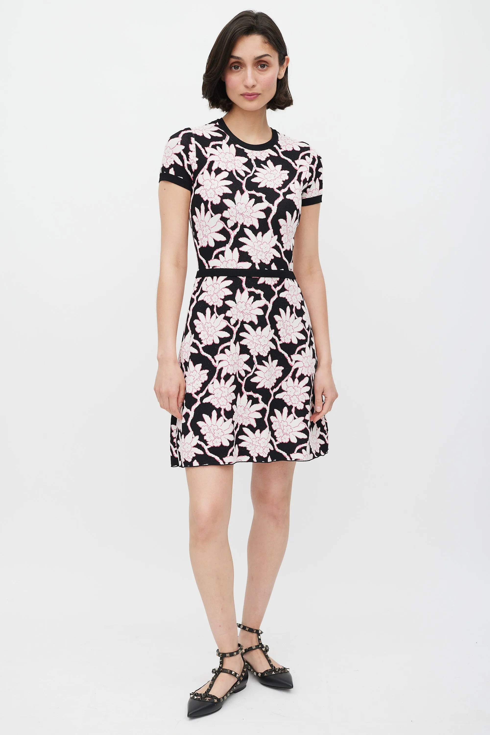 Black White & Pink Floral Knit Dress