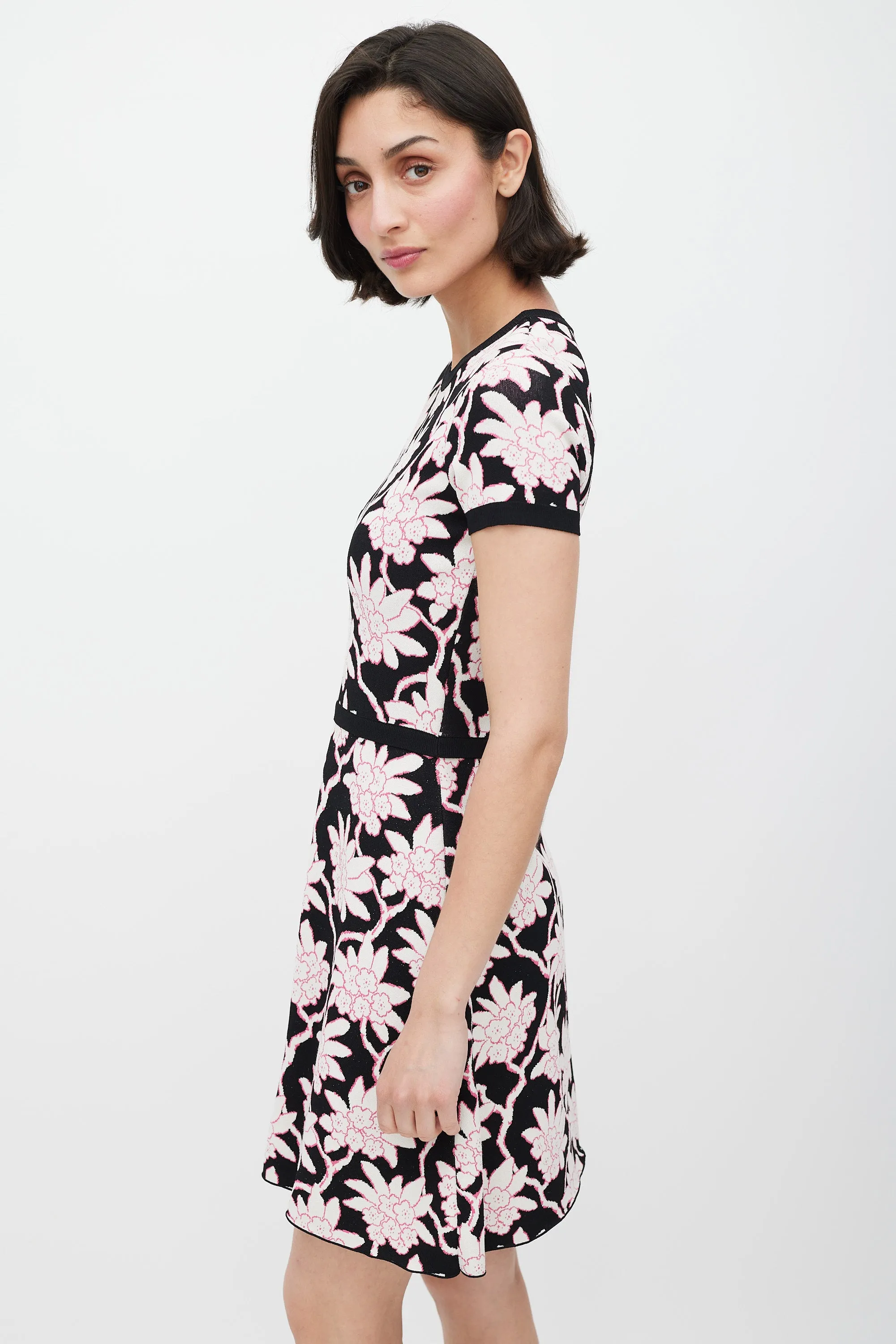 Black White & Pink Floral Knit Dress
