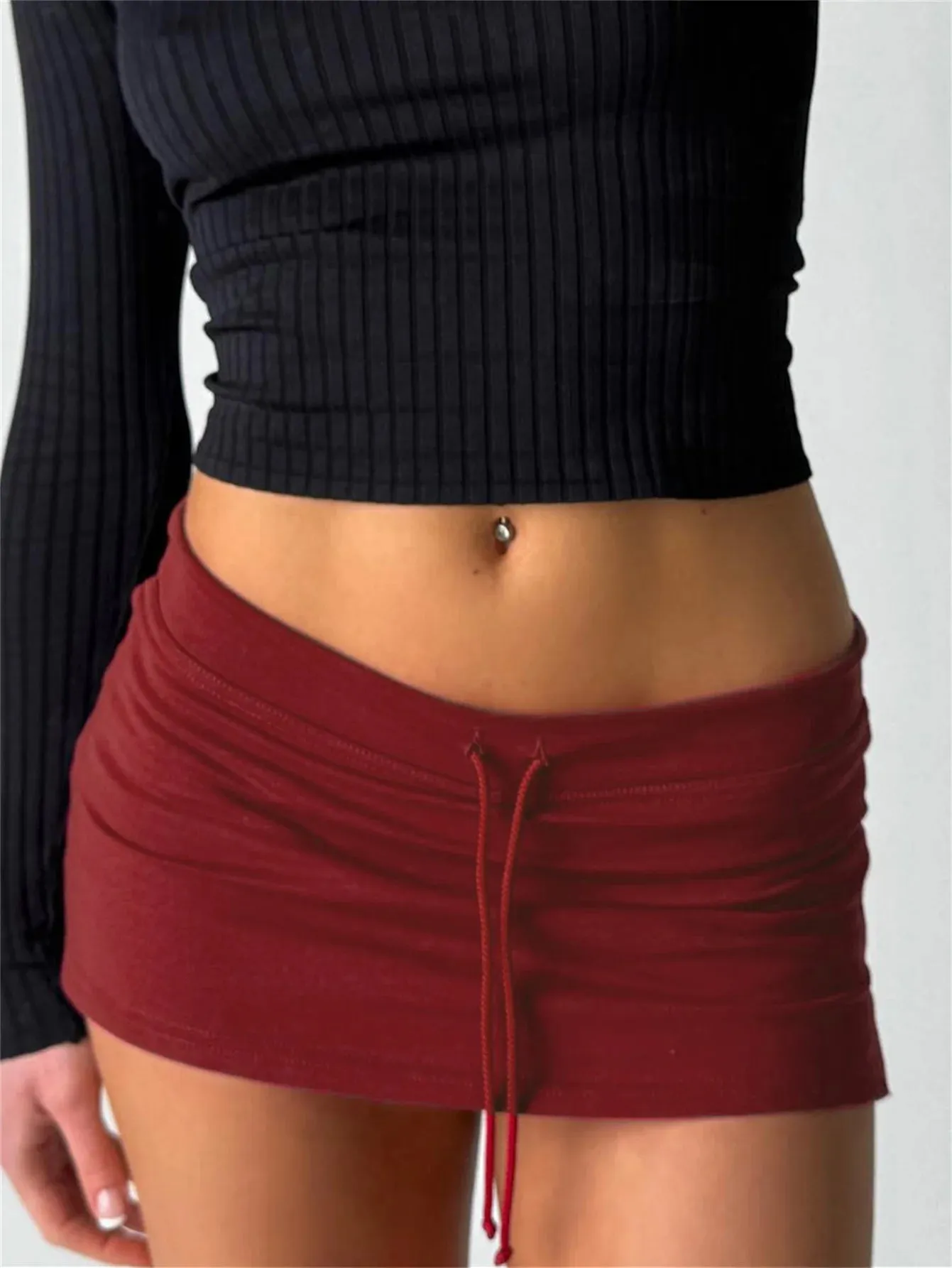 Cuteandpsycho Solid Lace-up Mini Skirts Sexy American Retro Basic Vintage Casual Short Bottoms Basic Casual A-Line Knit Clothing