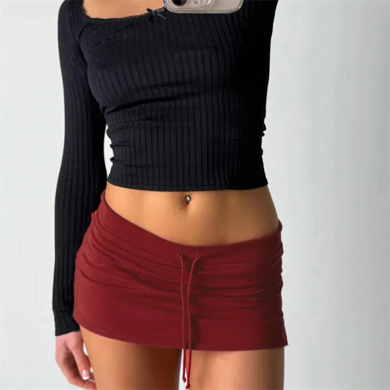 Cuteandpsycho Solid Lace-up Mini Skirts Sexy American Retro Basic Vintage Casual Short Bottoms Basic Casual A-Line Knit Clothing