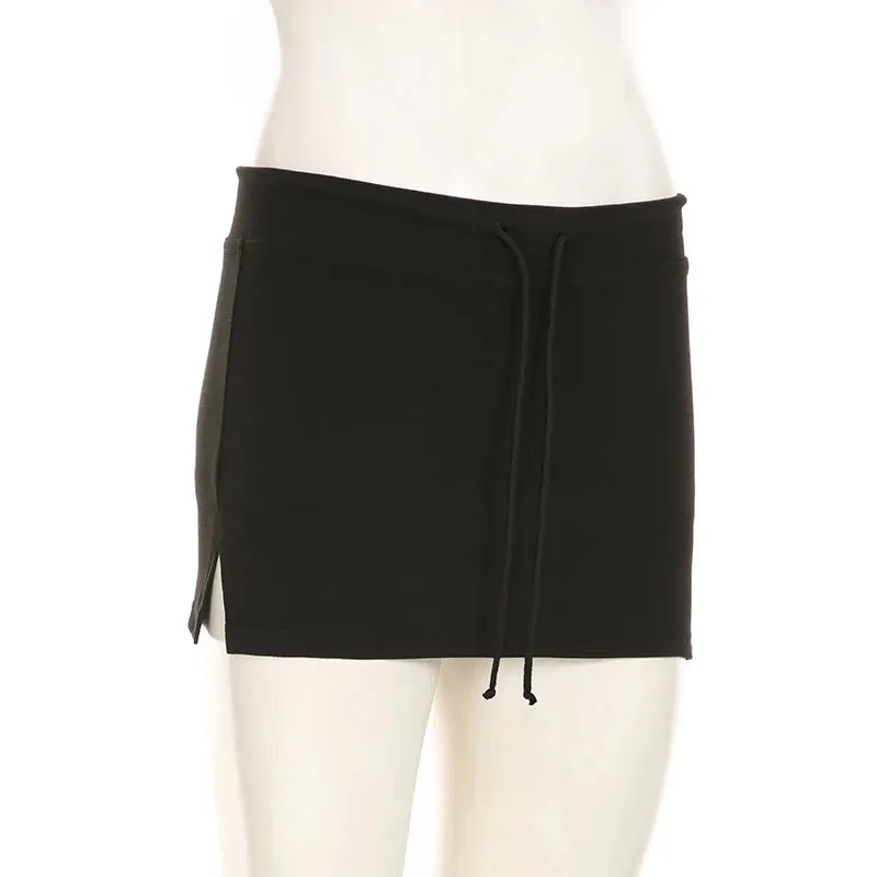 Cuteandpsycho Solid Lace-up Mini Skirts Sexy American Retro Basic Vintage Casual Short Bottoms Basic Casual A-Line Knit Clothing