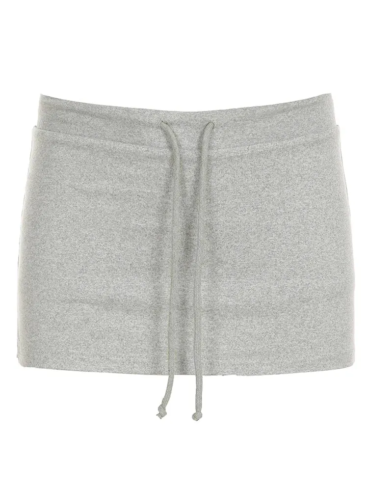 Cuteandpsycho Solid Lace-up Mini Skirts Sexy American Retro Basic Vintage Casual Short Bottoms Basic Casual A-Line Knit Clothing