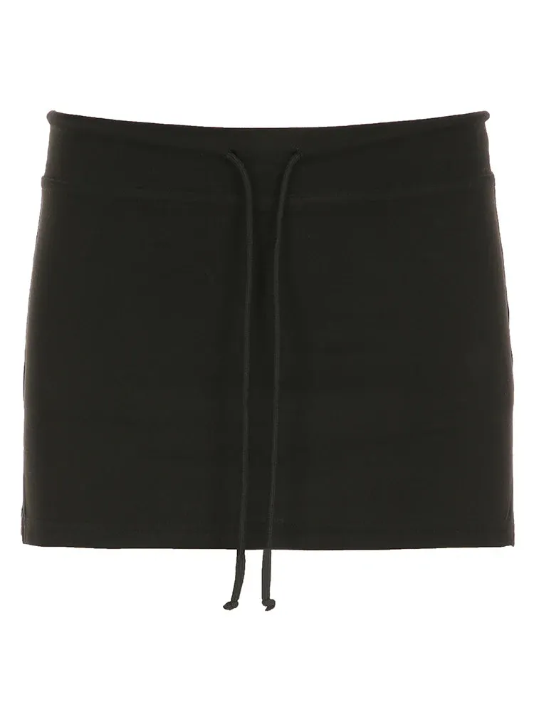 Cuteandpsycho Solid Lace-up Mini Skirts Sexy American Retro Basic Vintage Casual Short Bottoms Basic Casual A-Line Knit Clothing