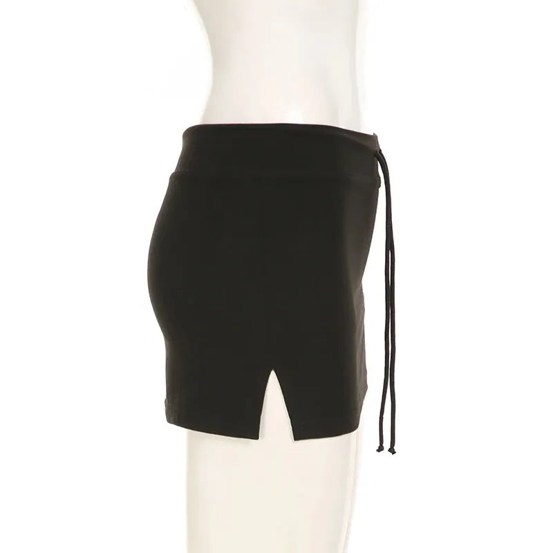 Cuteandpsycho Solid Lace-up Mini Skirts Sexy American Retro Basic Vintage Casual Short Bottoms Basic Casual A-Line Knit Clothing