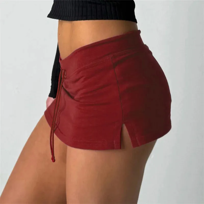 Cuteandpsycho Solid Lace-up Mini Skirts Sexy American Retro Basic Vintage Casual Short Bottoms Basic Casual A-Line Knit Clothing
