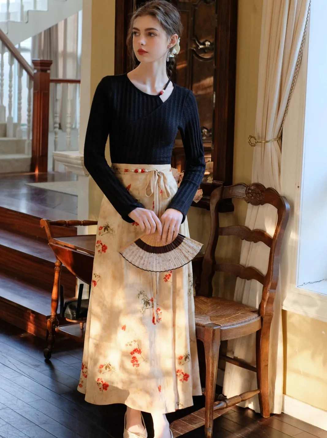 Flower Top Long Asymmetrical Slit Skirt