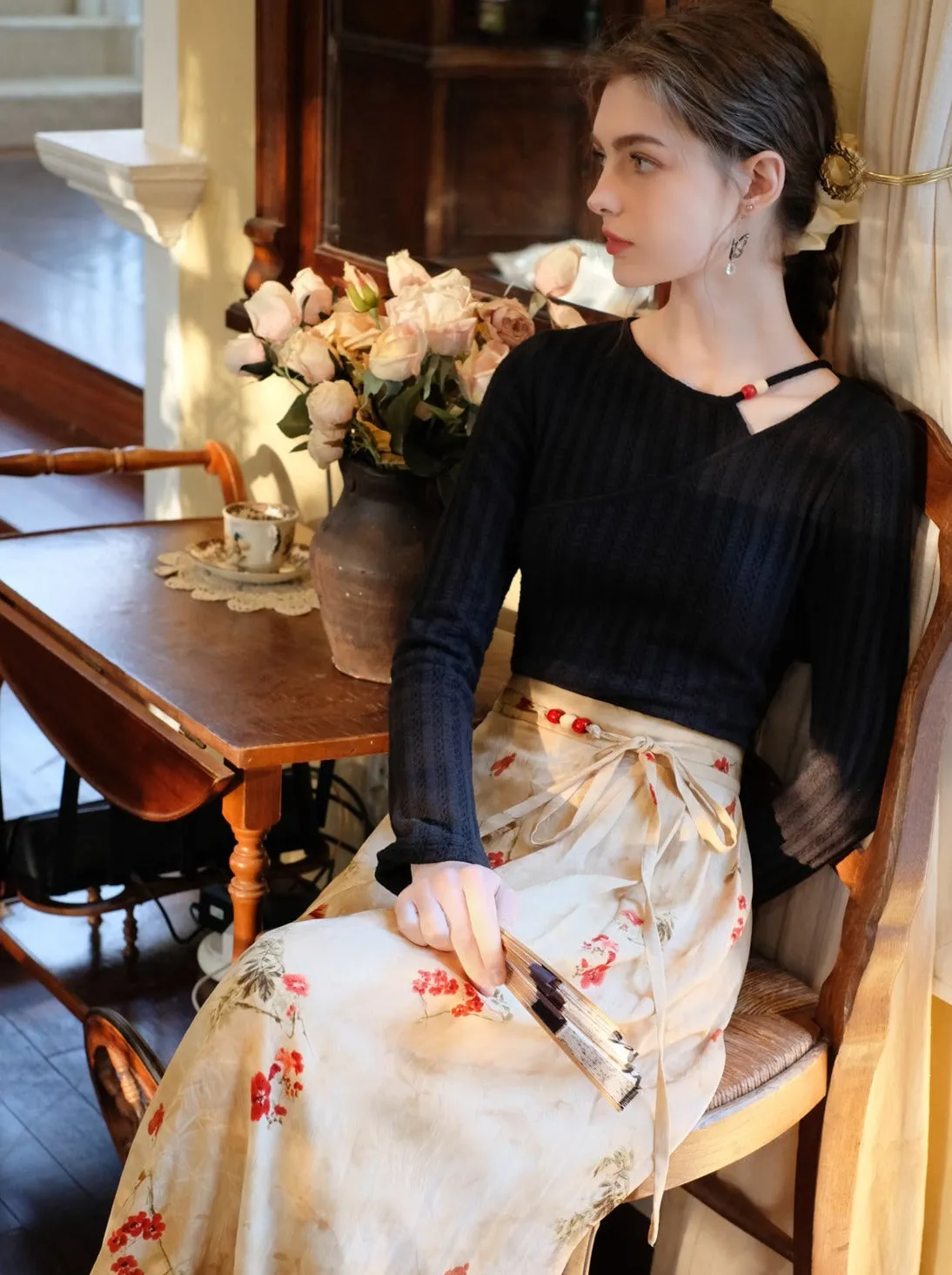 Flower Top Long Asymmetrical Slit Skirt