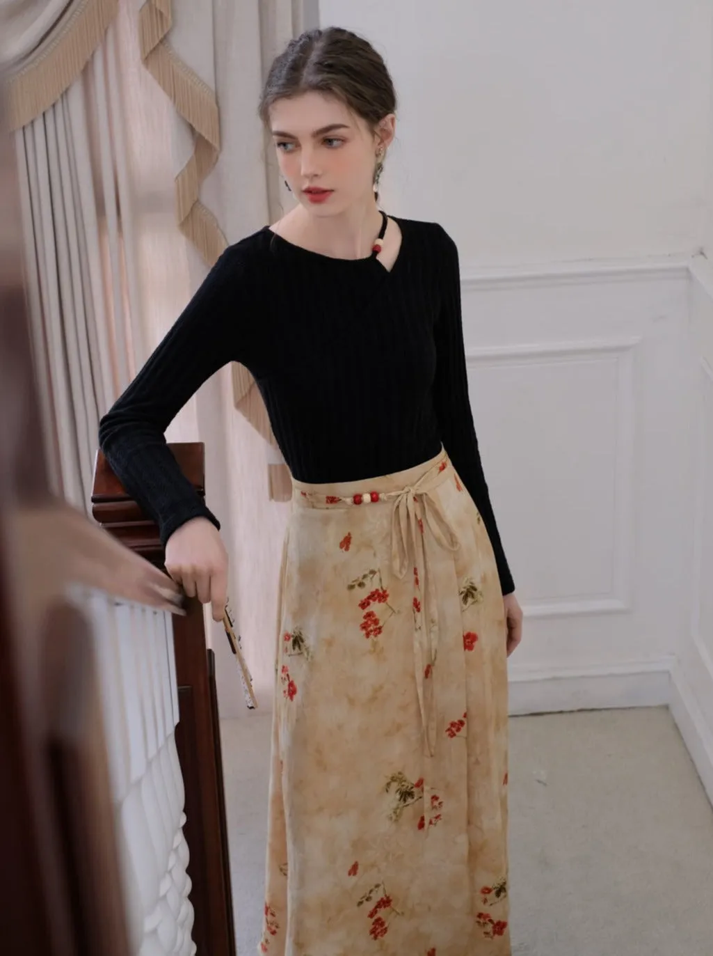 Flower Top Long Asymmetrical Slit Skirt