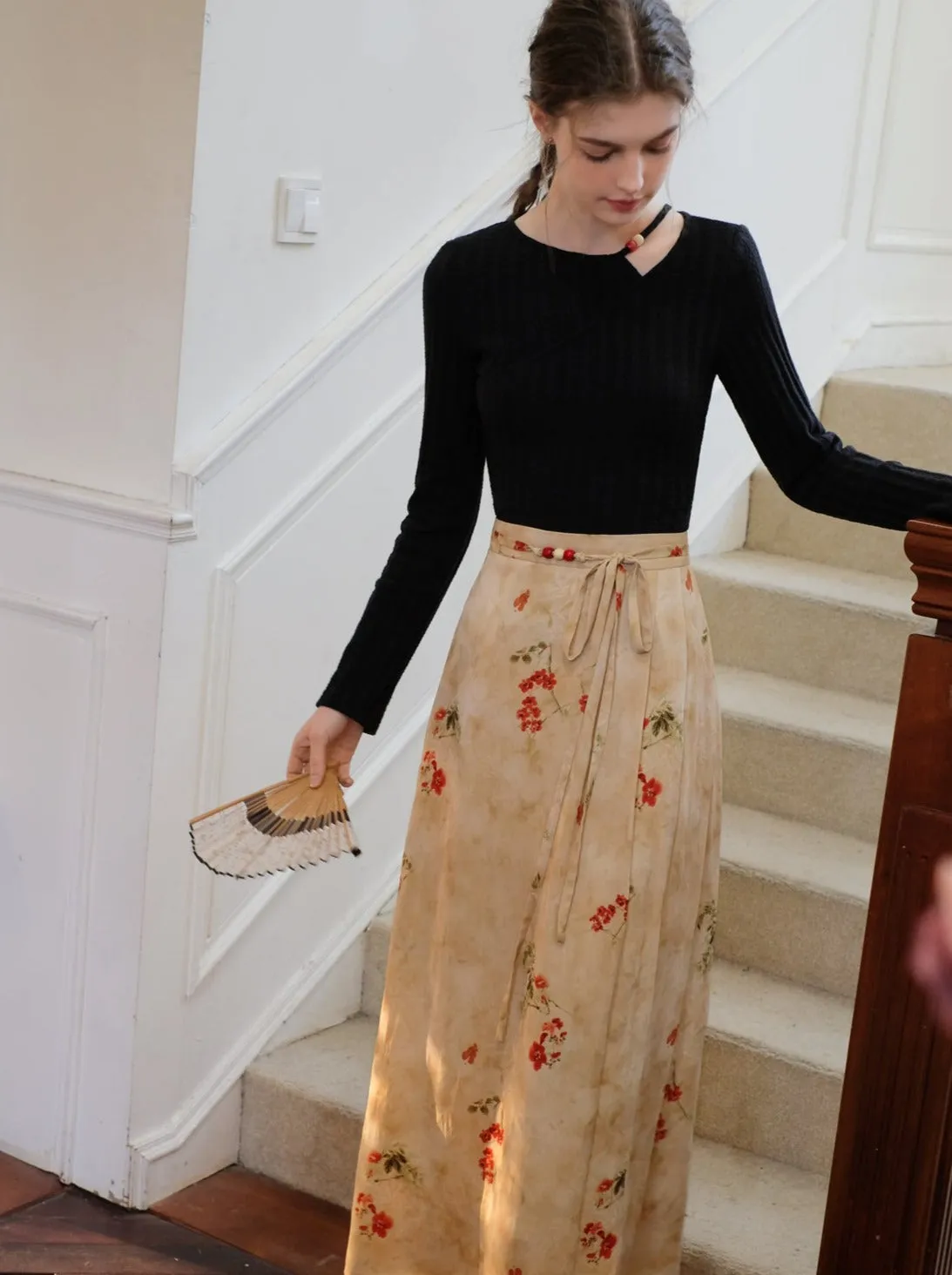 Flower Top Long Asymmetrical Slit Skirt