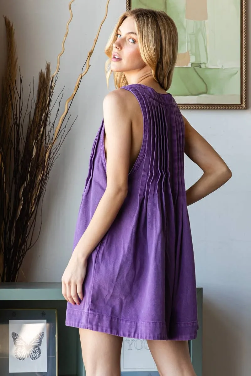 Front Pleated V Neck Sleeveless Denim Romper