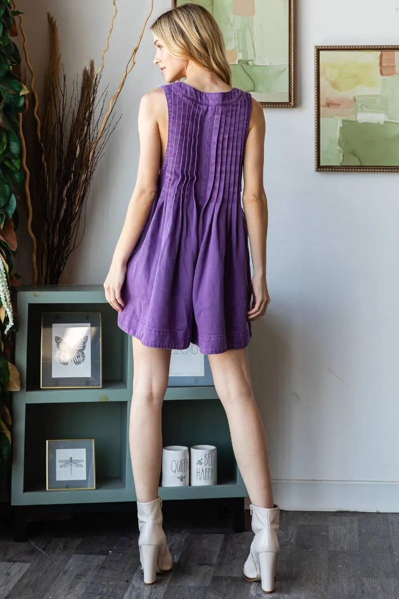 Front Pleated V Neck Sleeveless Denim Romper