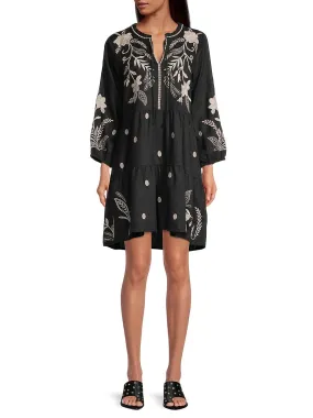 Johnny Was FRANKIE TIERED Field Dress Cotton Floral Embroidery Linen Black New