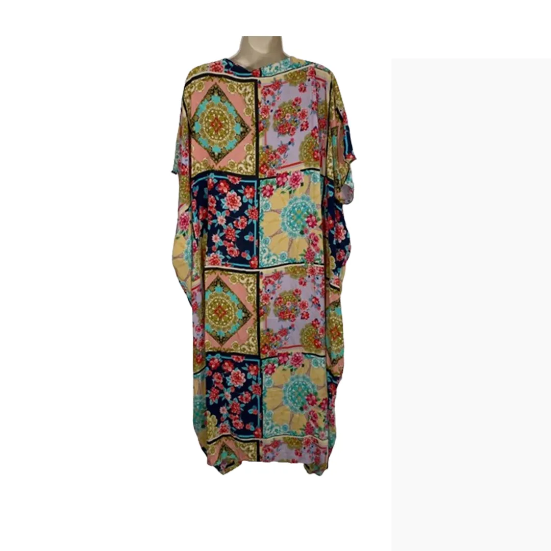 Johnny Was Long Rayon Japer Cocoon Boat Kaftan Lace Flared Dress Yellow Blue XL NEW