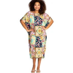 Johnny Was Long Rayon Japer Cocoon Boat Kaftan Lace Flared Dress Yellow Blue XXL NEW