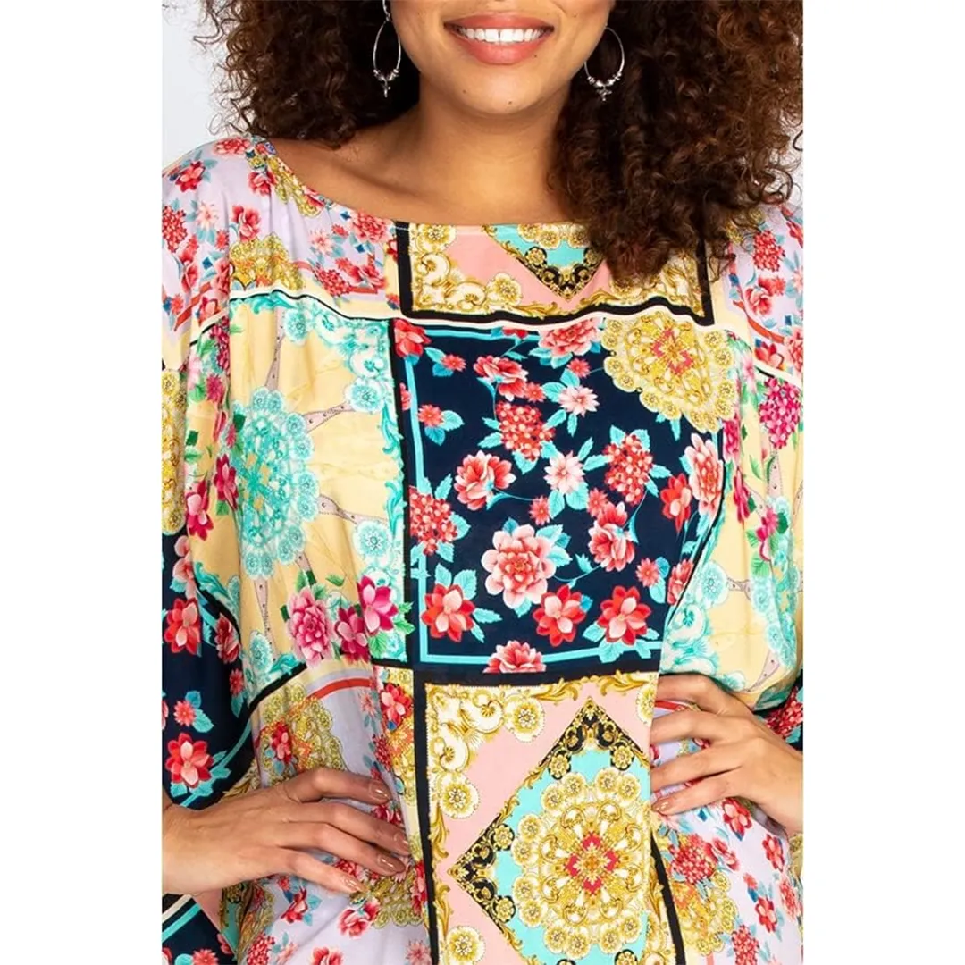 Johnny Was Long Rayon Japer Cocoon Boat Kaftan Lace Flared Dress Yellow Blue XXL NEW