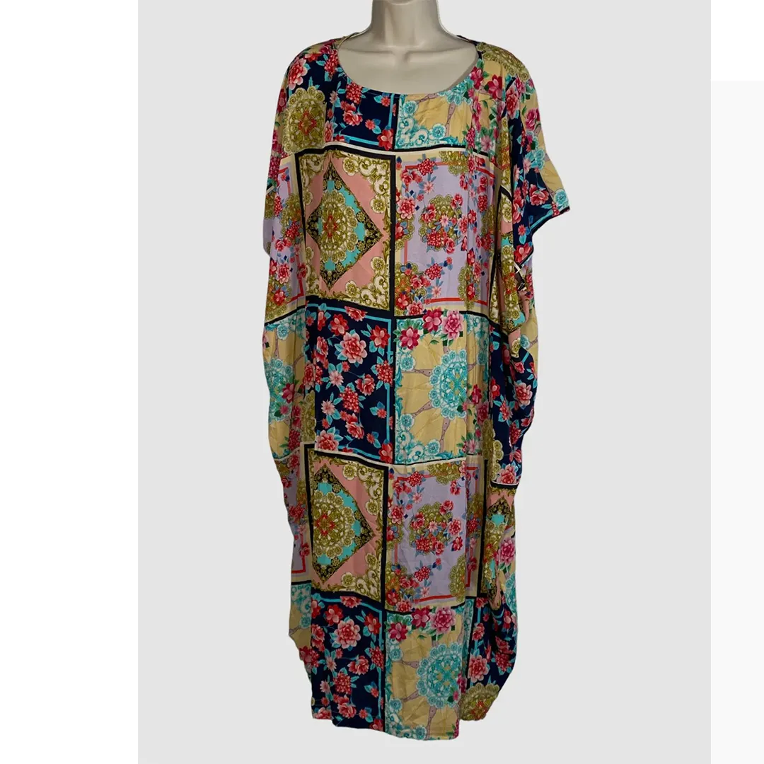 Johnny Was Long Rayon Japer Cocoon Boat Kaftan Lace Flared Dress Yellow Blue XXL NEW