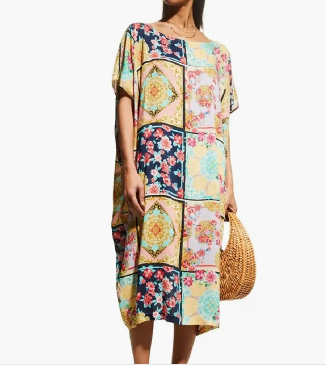 Johnny Was Long Rayon Japer Cocoon Boat Kaftan Lace Flared Dress Yellow Blue XXL NEW