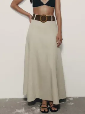 Joskka Solid Long Skirt  New High Waist Elegant Casual Belt Long Skirts Vintage Simple Female New Fall Dress