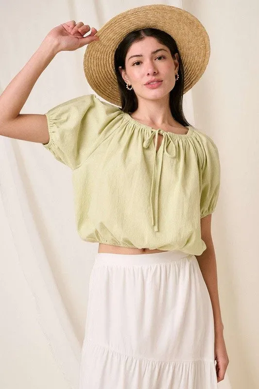 Linen Two-Way Short Sleeve Crop Blouse