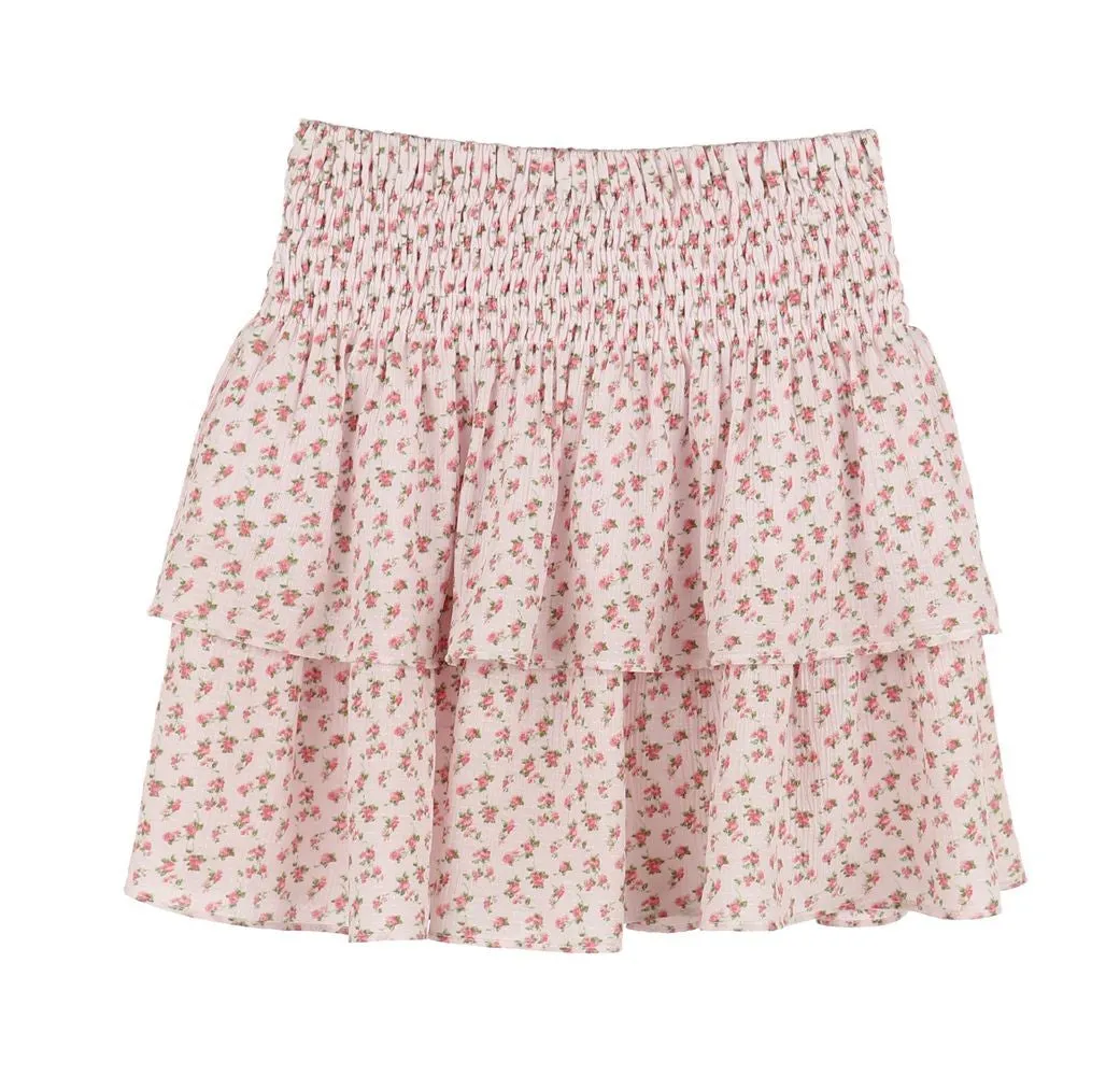 Luli & Me Gabby Girls Audrey Smocked Tiered Skirt - Rose Pink Floral