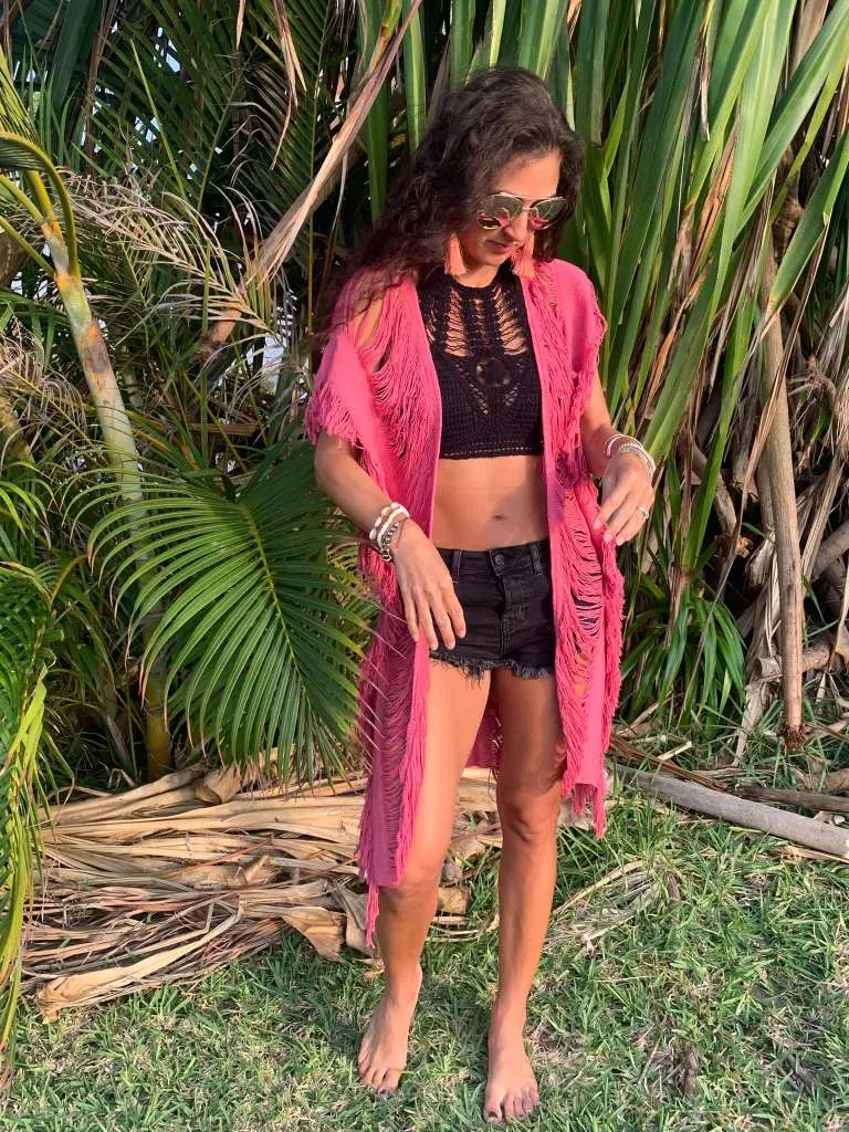 Magenta Open Weave Long Length Kimono