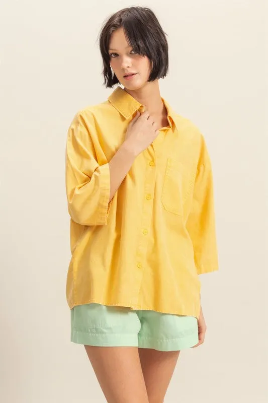 Mustard Yellow Button Down Collared Neck Relaxed Fit Shirt – Casual Cotton Top