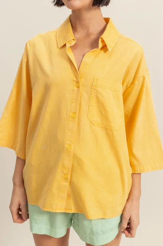 Mustard Yellow Button Down Collared Neck Relaxed Fit Shirt – Casual Cotton Top
