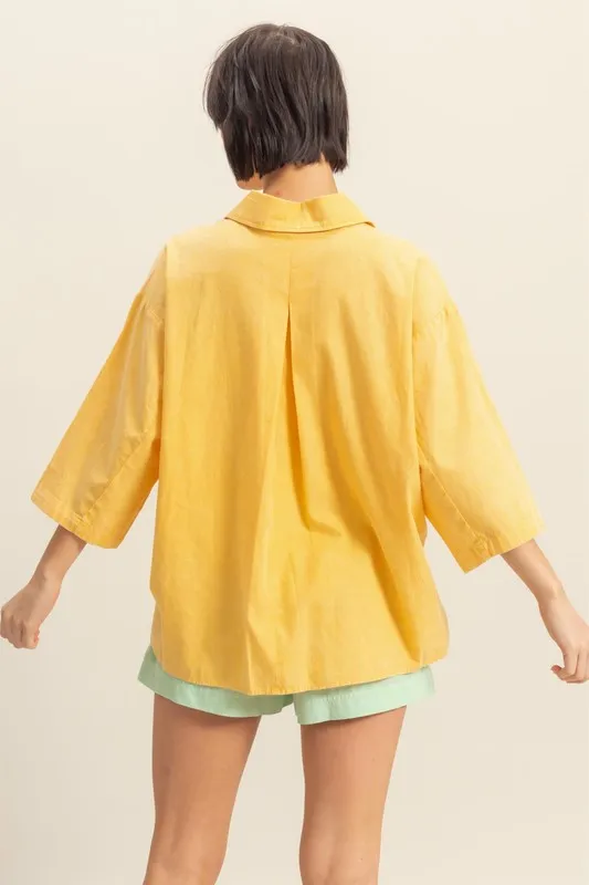 Mustard Yellow Button Down Collared Neck Relaxed Fit Shirt – Casual Cotton Top
