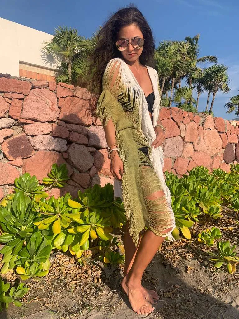 Olive Ombre Open Weave Long Length Kimono