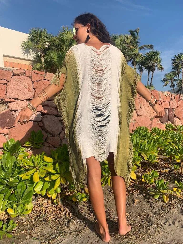 Olive Ombre Open Weave Long Length Kimono