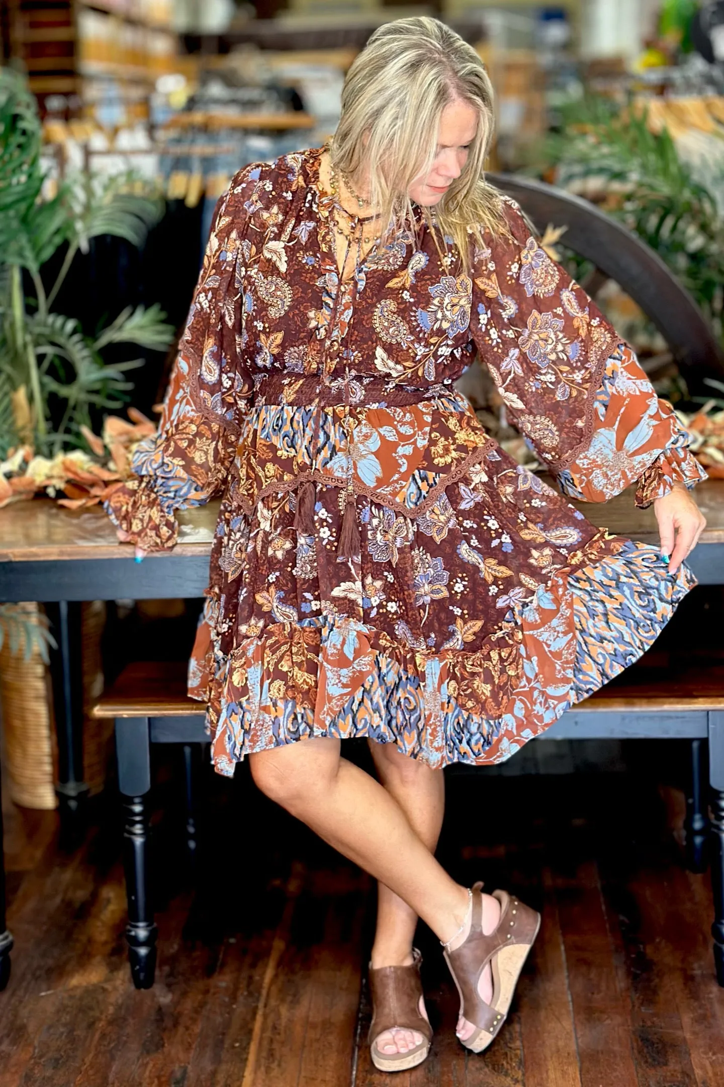 Paisley Print Chiffon Peasant Mini Dress