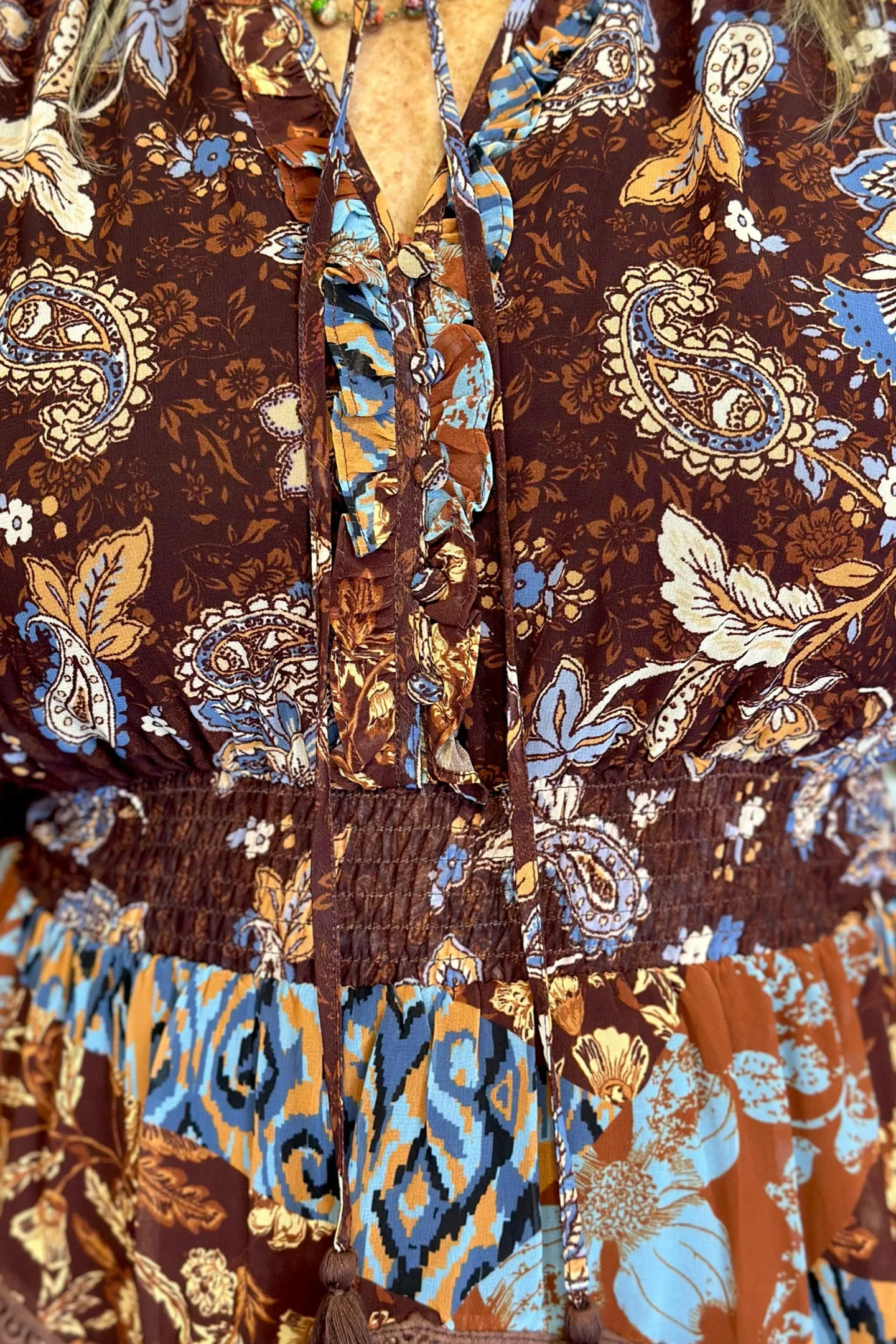 Paisley Print Chiffon Peasant Mini Dress